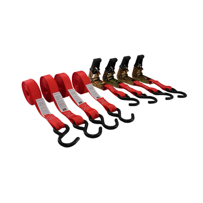 1" x 15' Ratchet Tie Down Strap with S-Hooks – 4 Pack