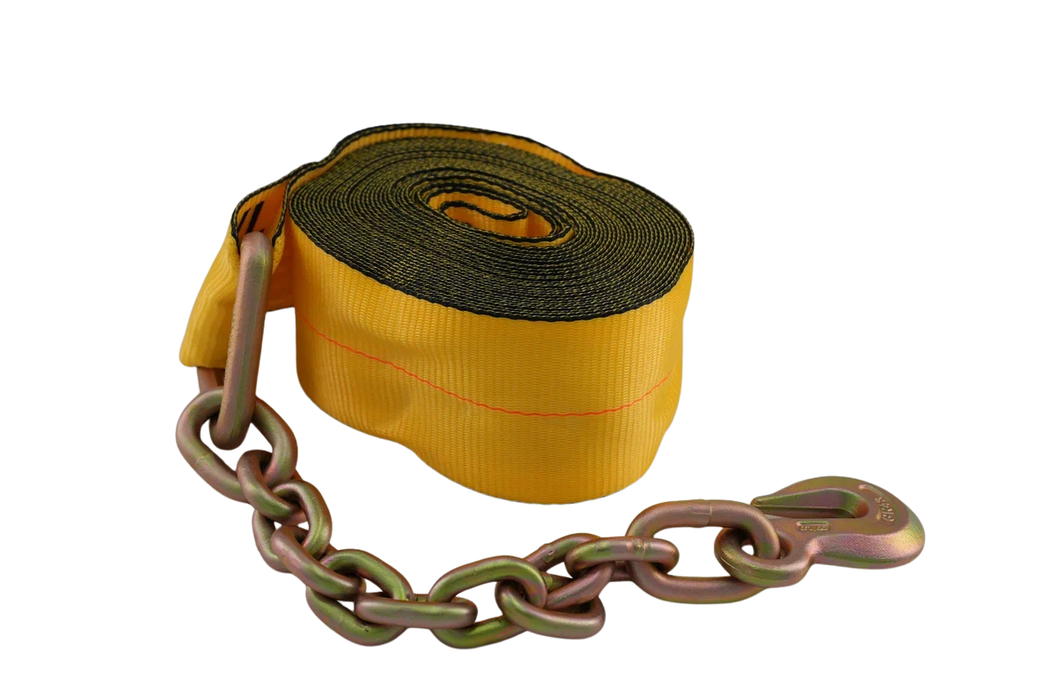 4" × 40' Winch Strap with Chain Anchor & Grab Hook | 5,400 lb WLL | INA Equipment