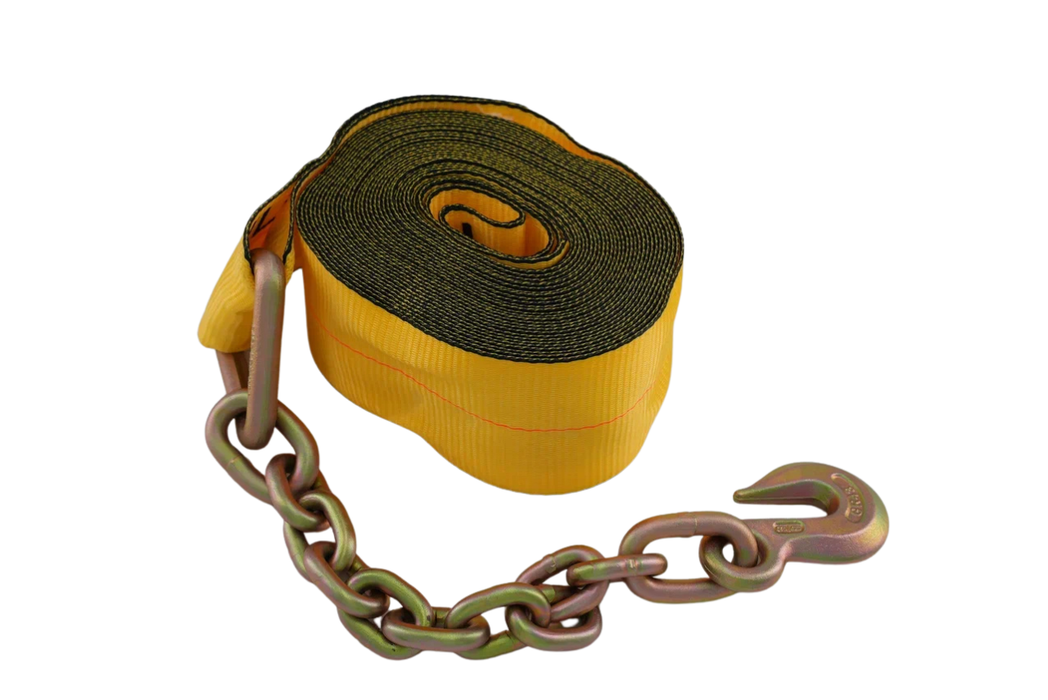 4" × 40' Winch Strap with Chain Anchor & Grab Hook | 5,400 lb WLL | INA Equipment