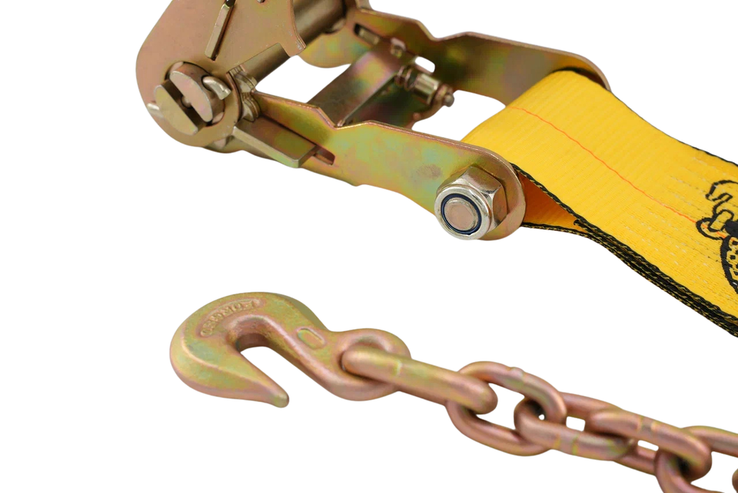 4" Ratchet Strap Assembly with Chain Anchor & Grab Hook | 5,400 lb WLL | INA Equipment