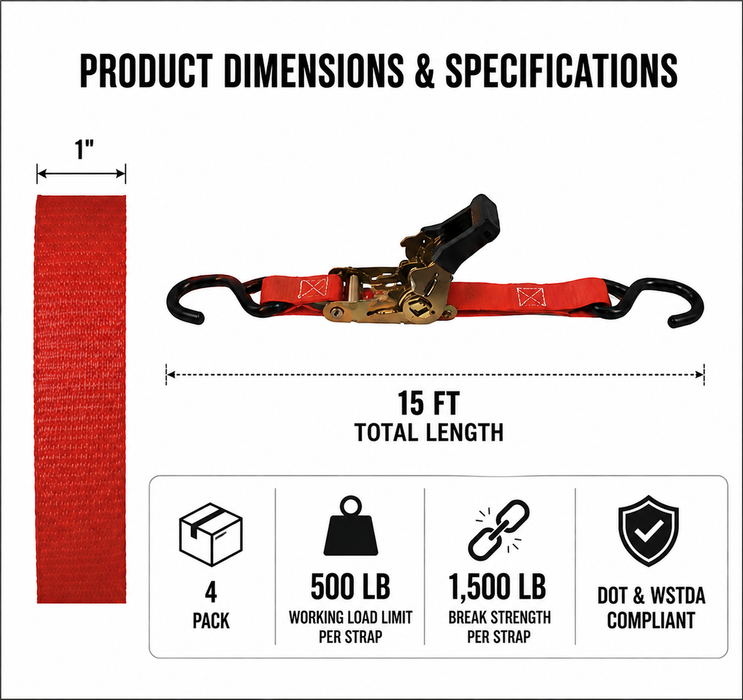 1" x 15' Ratchet Tie Down Strap with S-Hooks – 4 Pack