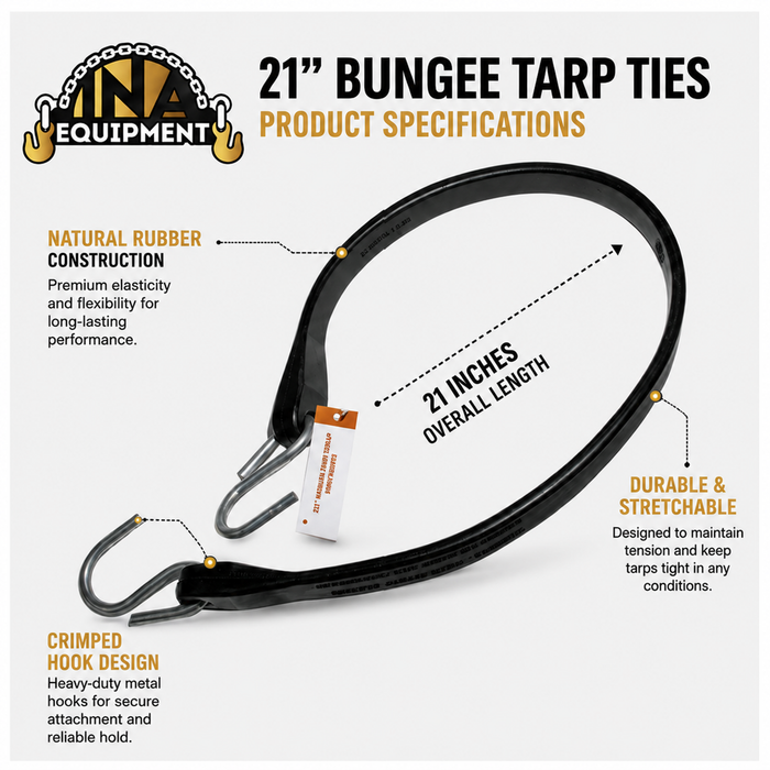 21" Natural Rubber Tarp Strap with Crimped S Hooks – Heavy-Duty Tarp Tie, 50-Pack