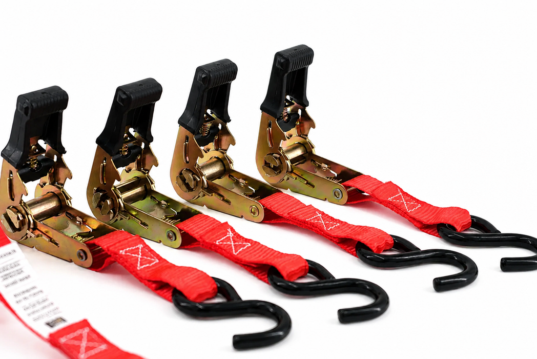 1" x 15' Ratchet Tie Down Strap with S-Hooks – 4 Pack
