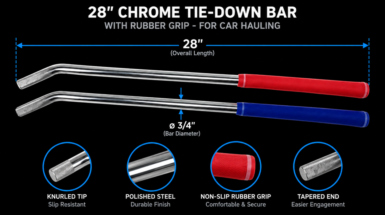 28" Chrome Tie-Down Bar with Rubber Grip - for Car Hauling