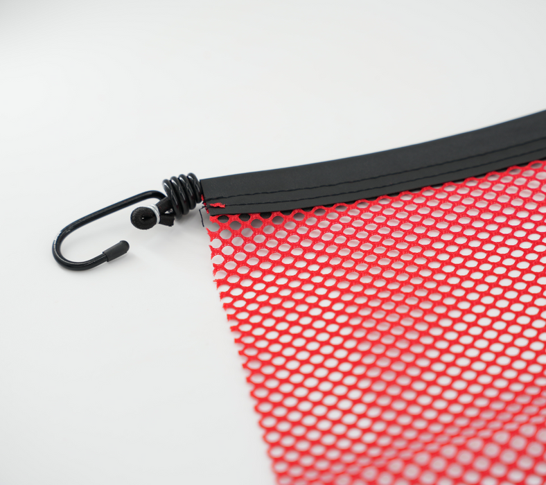 18" × 18" Red Mesh Oversize Load Safety Flag with Elastic Bungee Hooks – DOT Compliant | INA Equipment