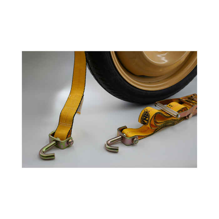2" x 12' Car Hauler Over-the-Tire Ratchet Strap with Swivel J Hooks & Rubber Blocks
