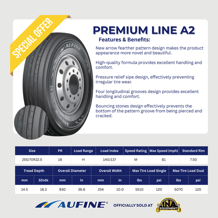 Aufine 255/70R22.5 A2 Trailer Tire – Heavy Duty Semi Trailer Radial Tire